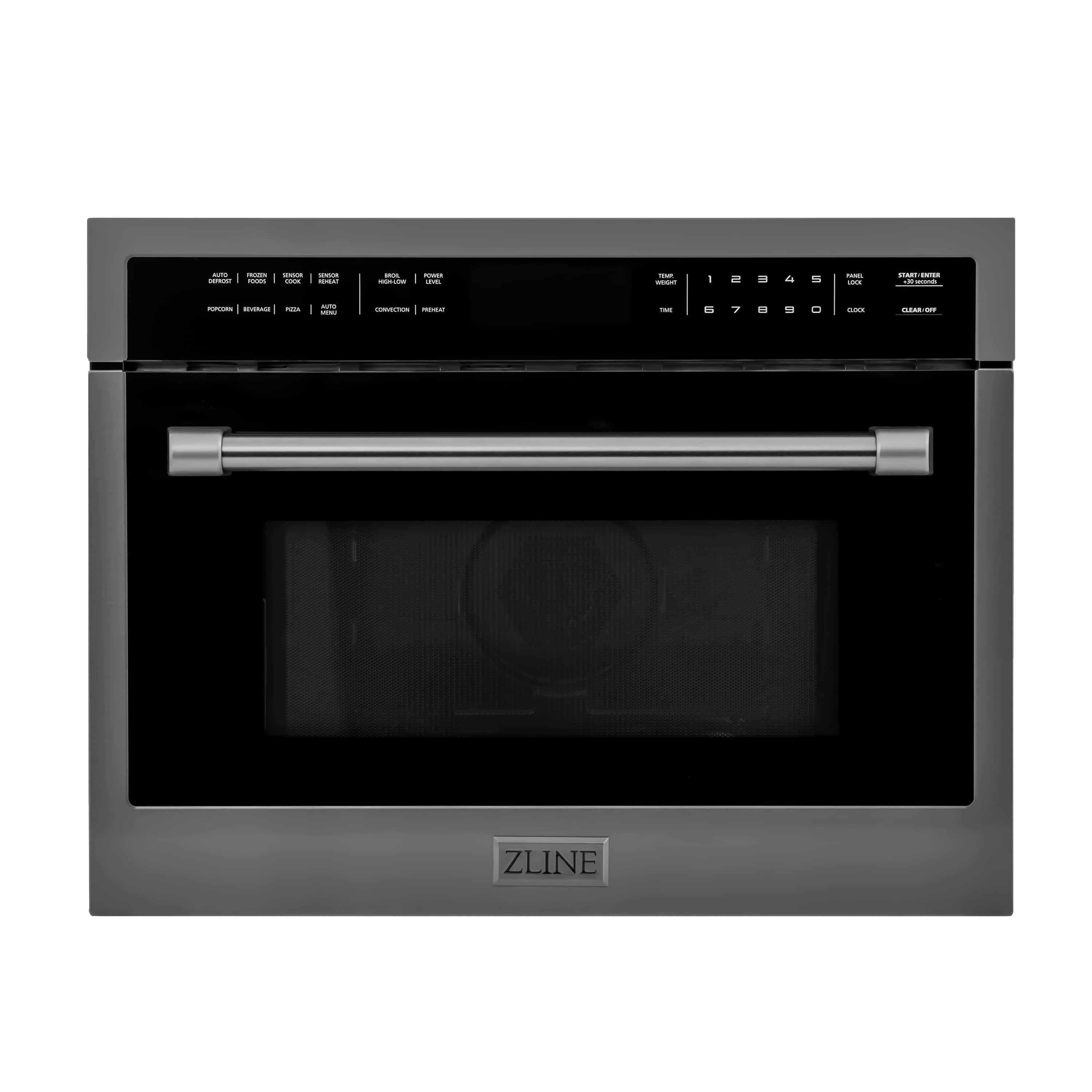 Black stainless microwave oven with metal handle and control panel