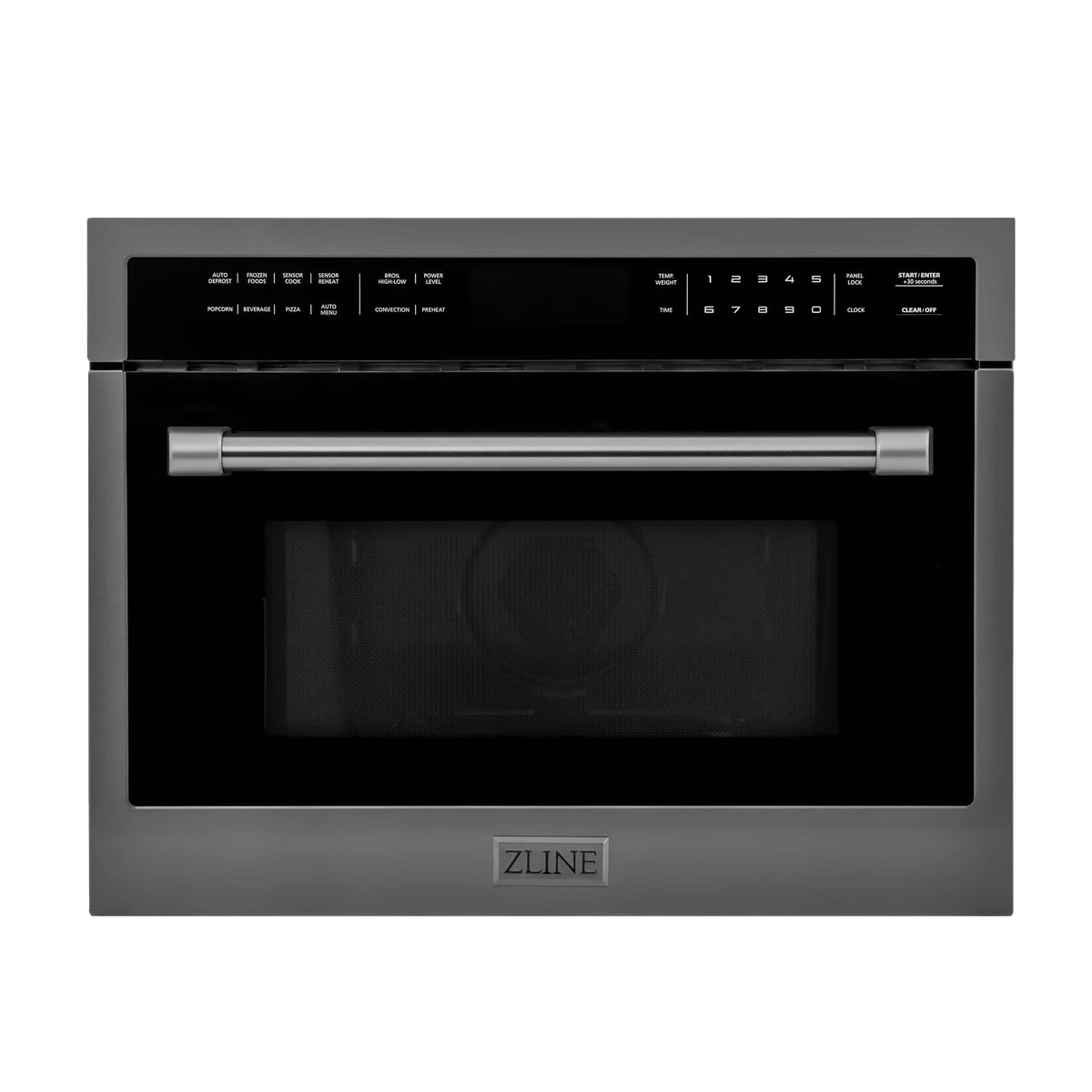 Black stainless steel microwave oven with handle and control panel