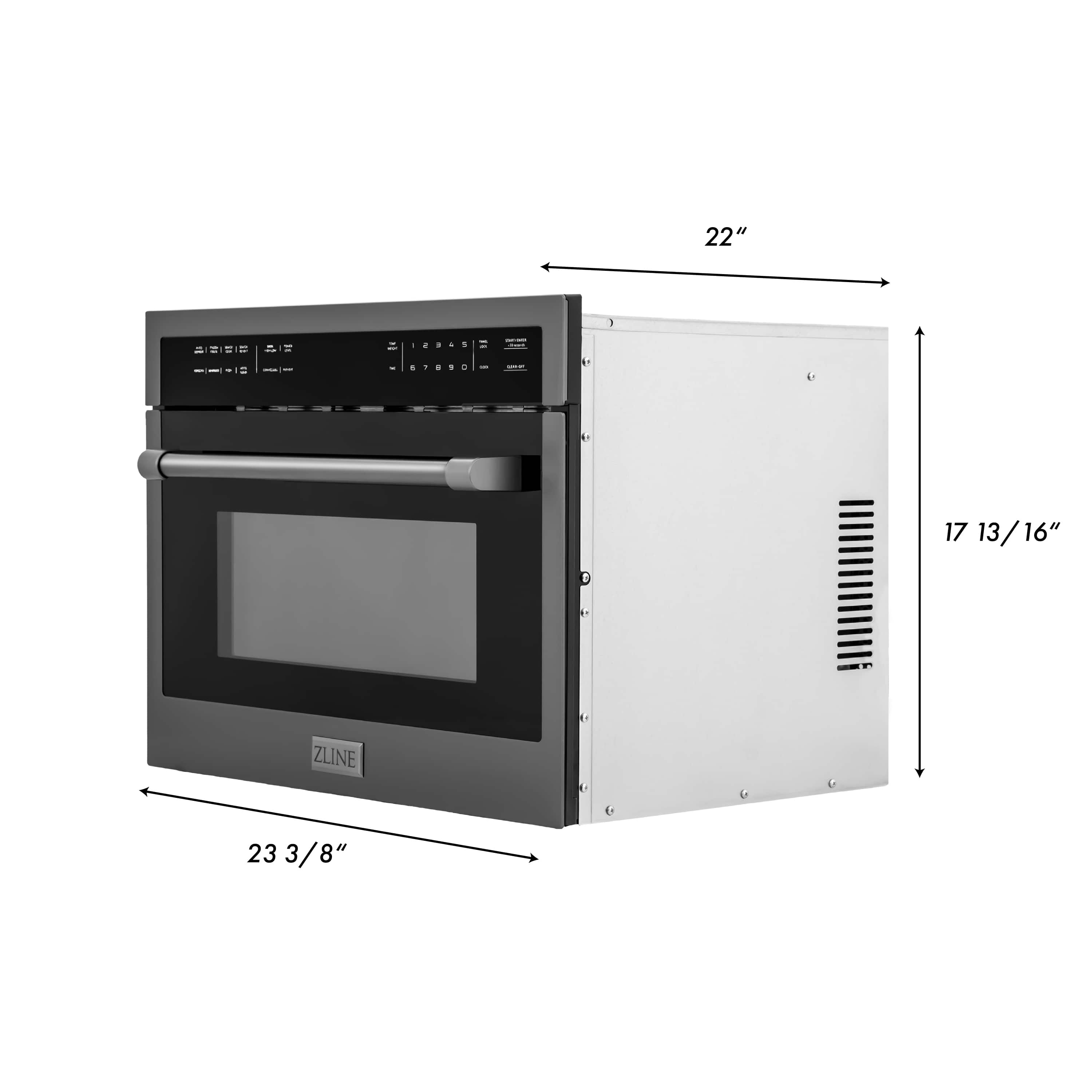 Black microwave oven with door handle and control panel, side-dimension view