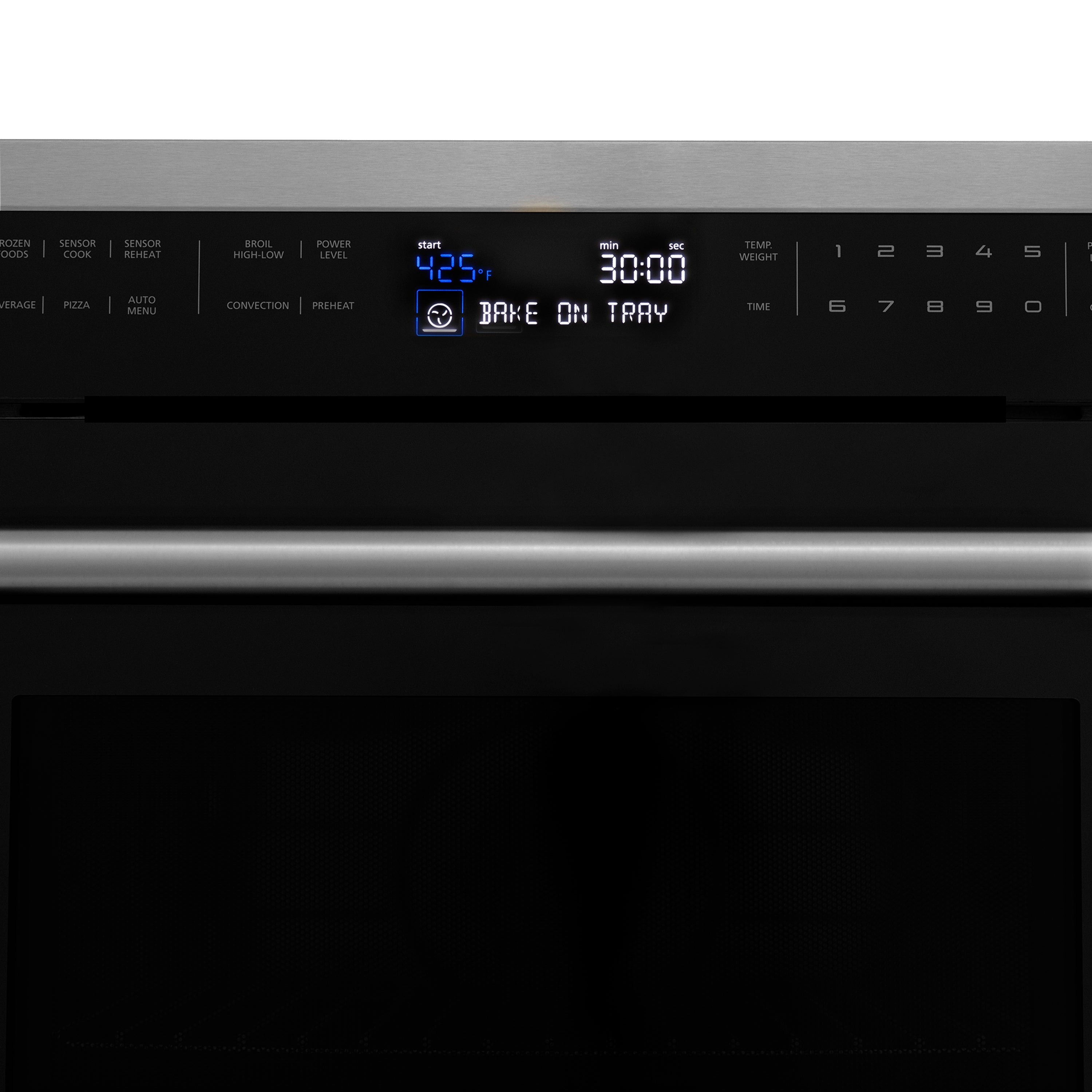 Black stainless range control panel display showing 30:00 and Bake On Tray