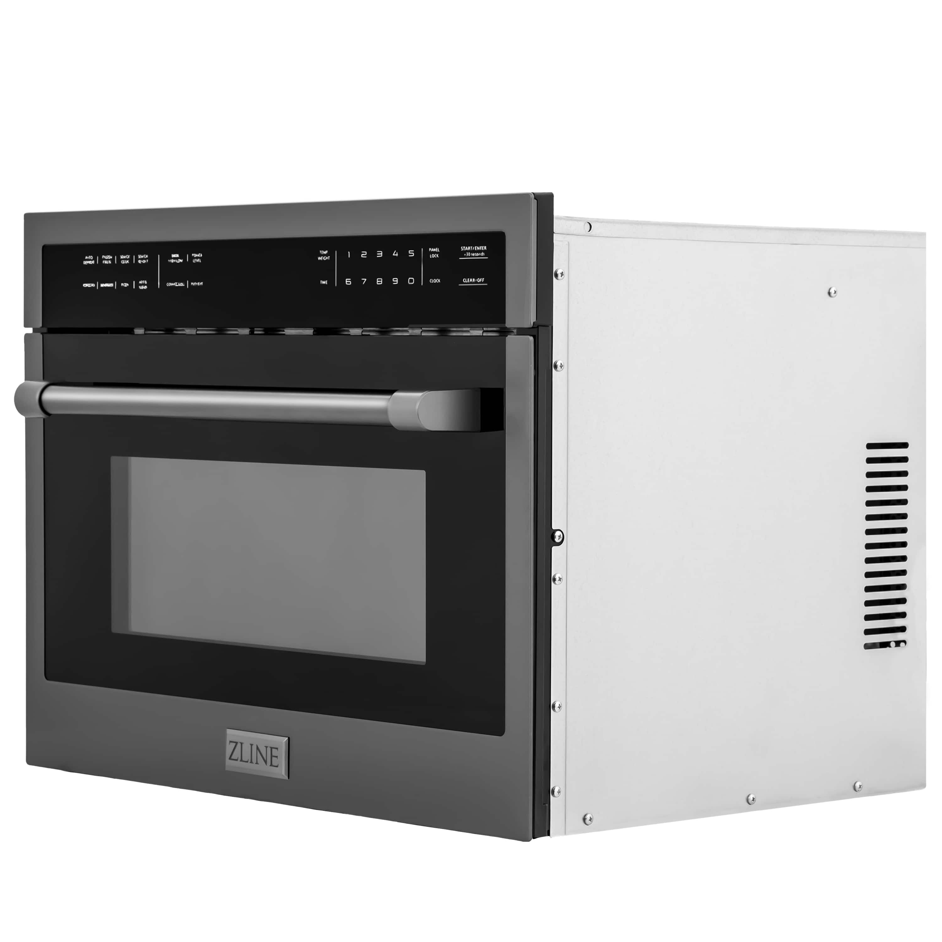 Black stainless steel microwave oven with front control panel and viewing window