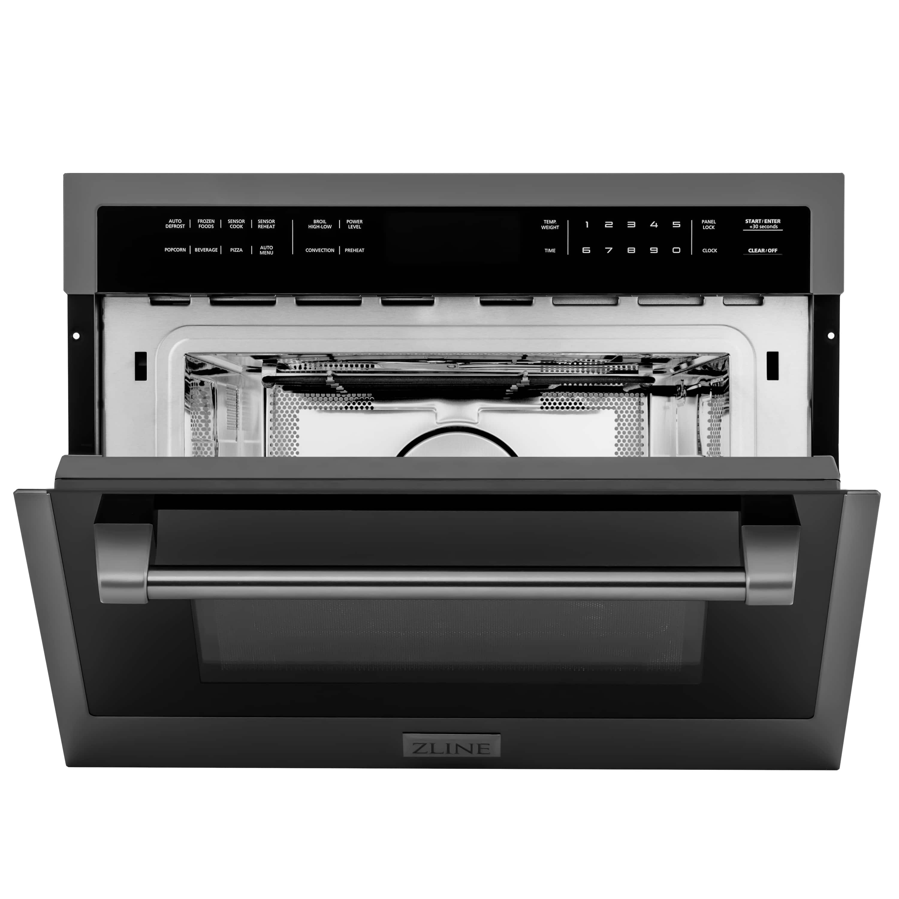 Black stainless microwave oven with open door showing interior rack