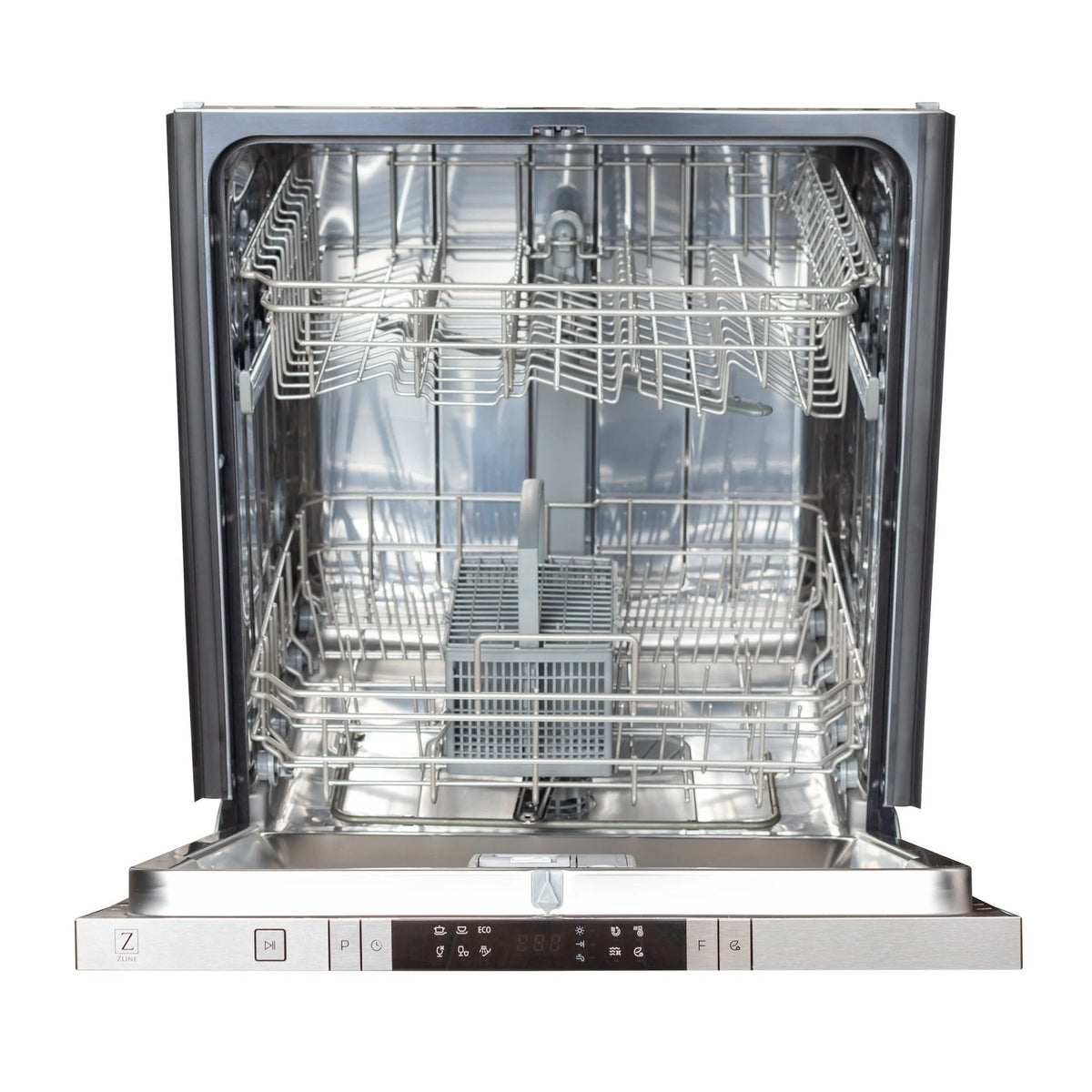 Built-in dishwasher interior with stainless tub, silver racks, and spray arms