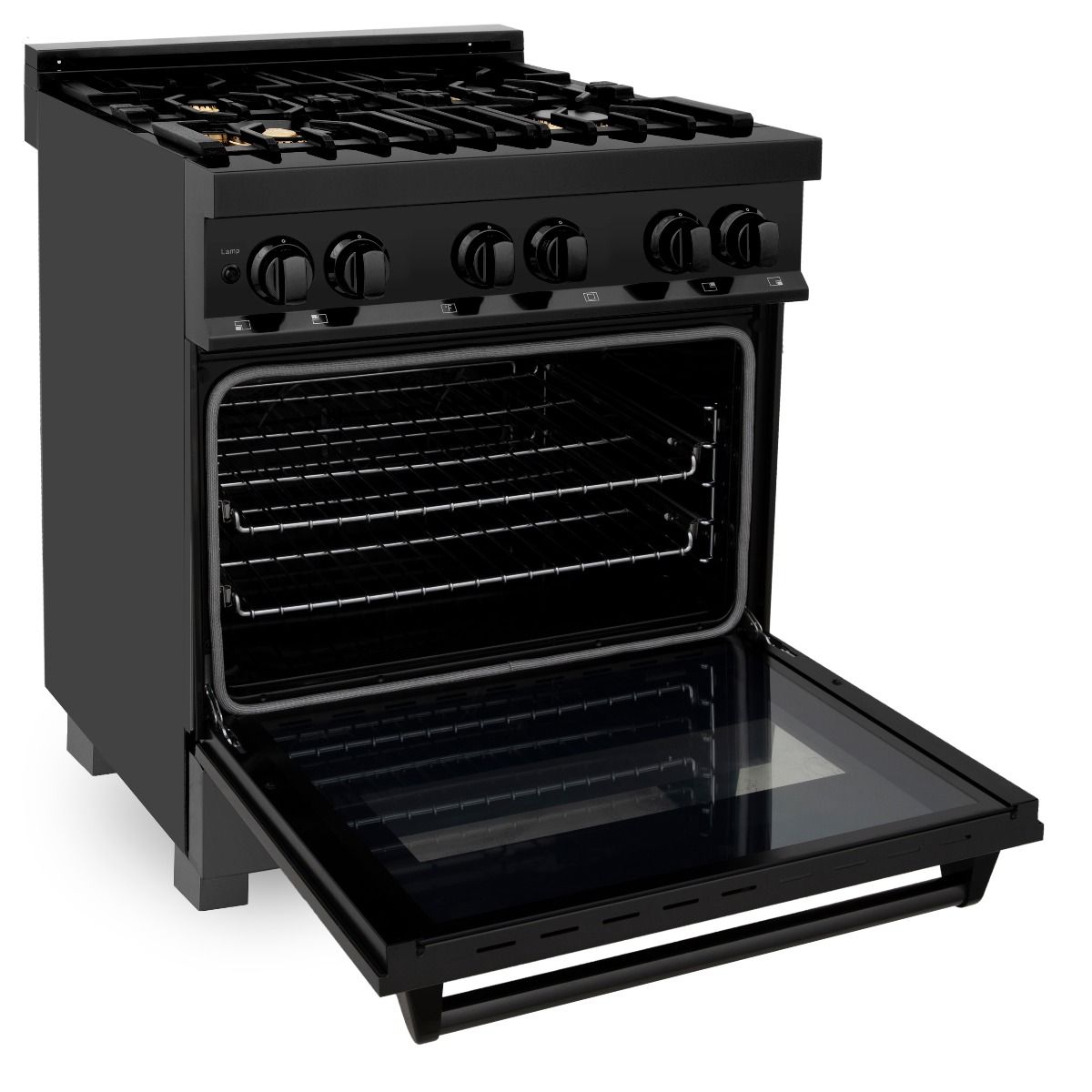 Black dual-fuel range with oven door open, showing empty oven cavity