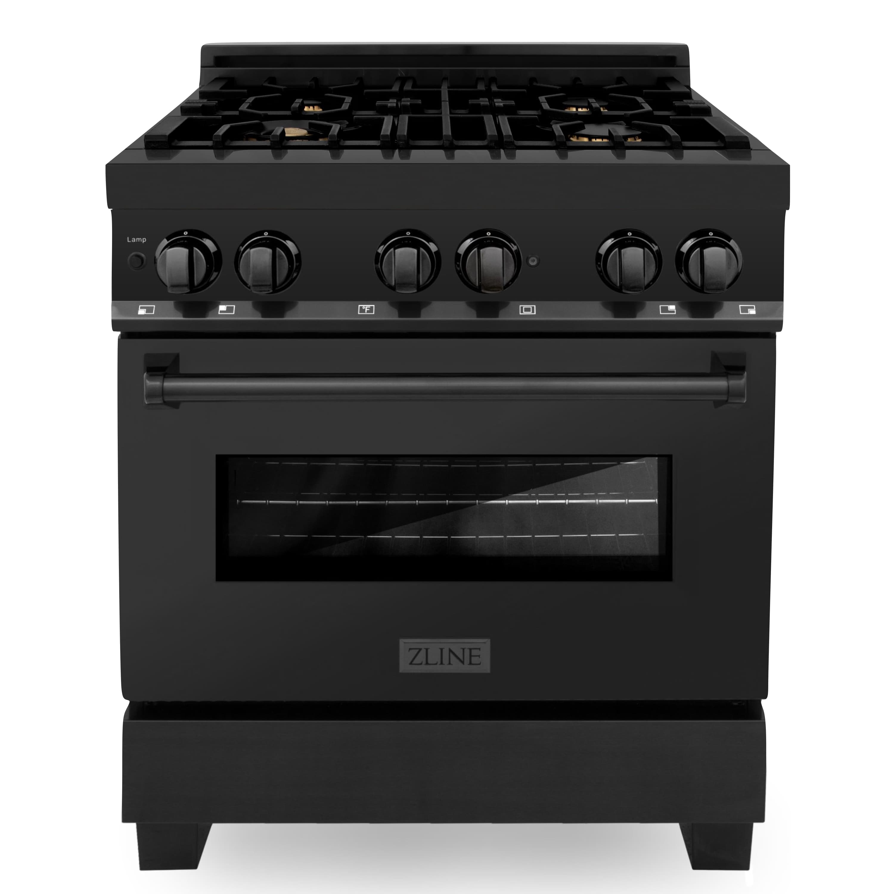Black dual-fuel range with five burner grates, control knobs, and closed oven door