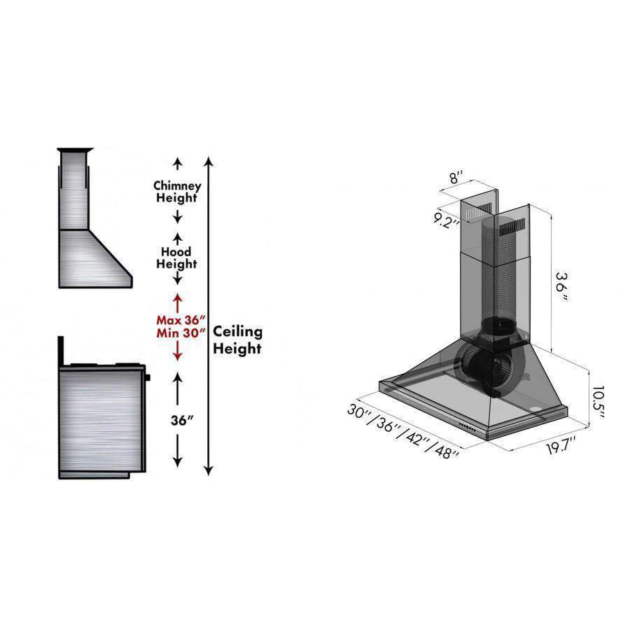 Installation dimensions diagram for convertible range hood and gas range