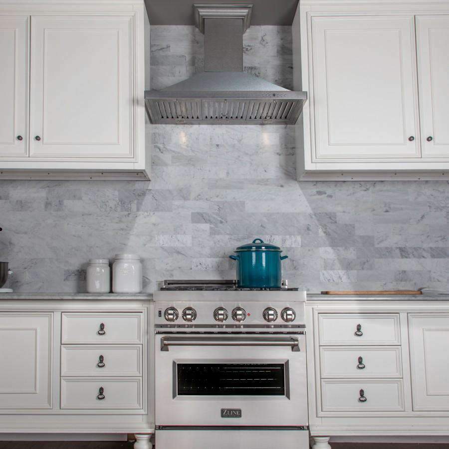 Range hood and gas range package with stainless steel finish and control knobs