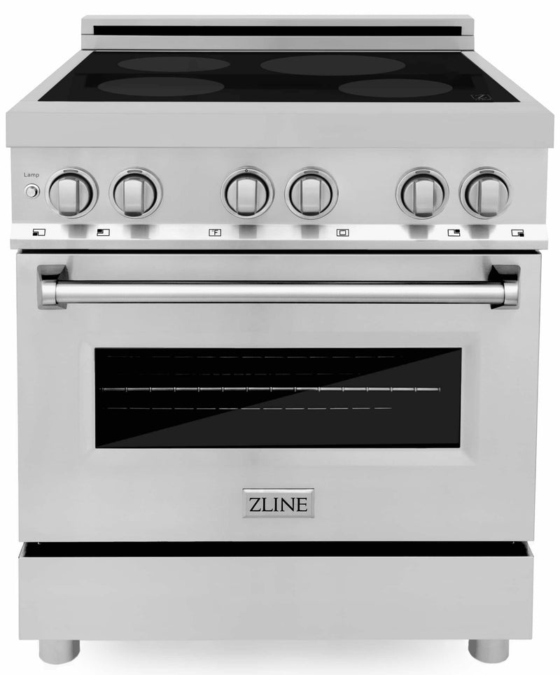 ZLINE 5-Piece Appliance Package - 30-Inch Induction Range, Wall Mount Range Hood, Refrigerator with Water Dispenser, Dishwasher, and 30-Inch Microwave Oven in Stainless Steel