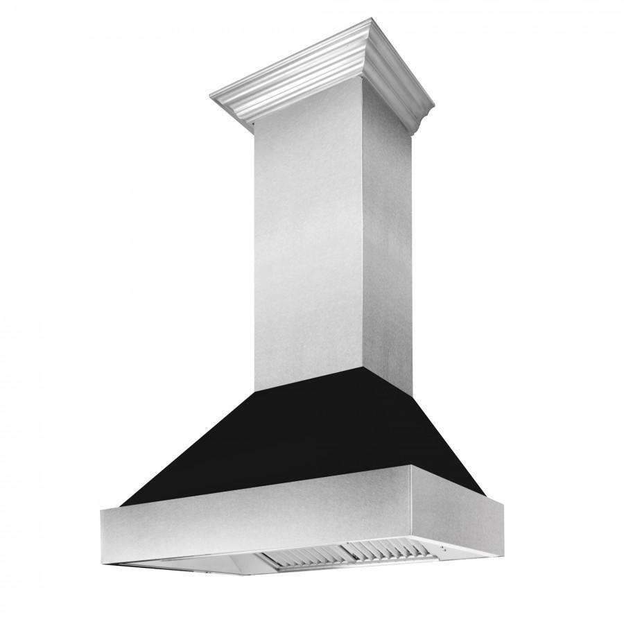 ZLINE satin stainless range hood with black matte chimney, angled side view