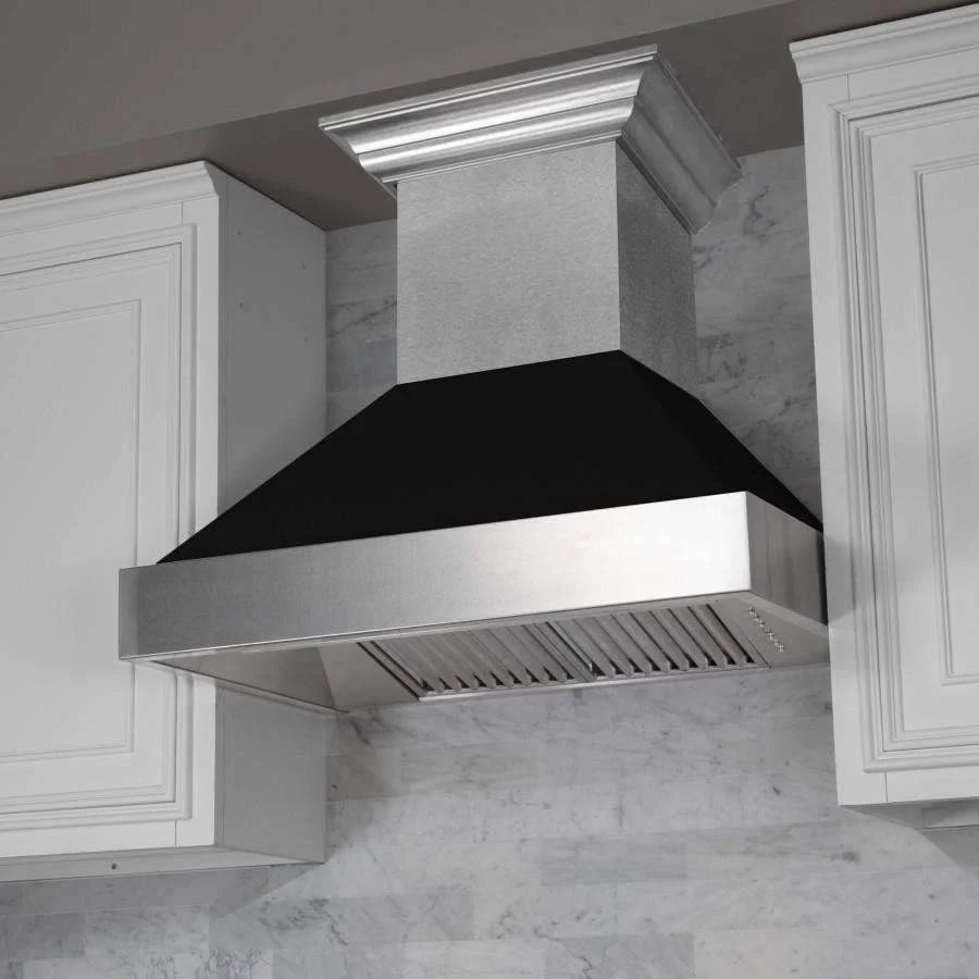 ZLINE satin stainless range hood with black matte chimney above gas range