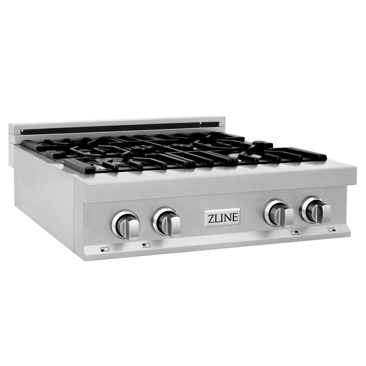 Stainless gas rangetop with open black grates and burner controls, ZLINE