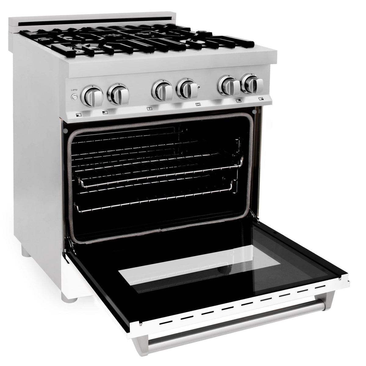 30-inch dual fuel range with white matte oven door, open oven, and black racks
