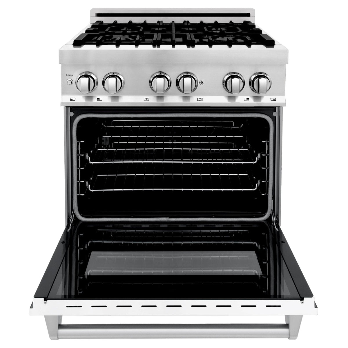 30-inch dual fuel range with open oven door, black interior cavity, and control knobs