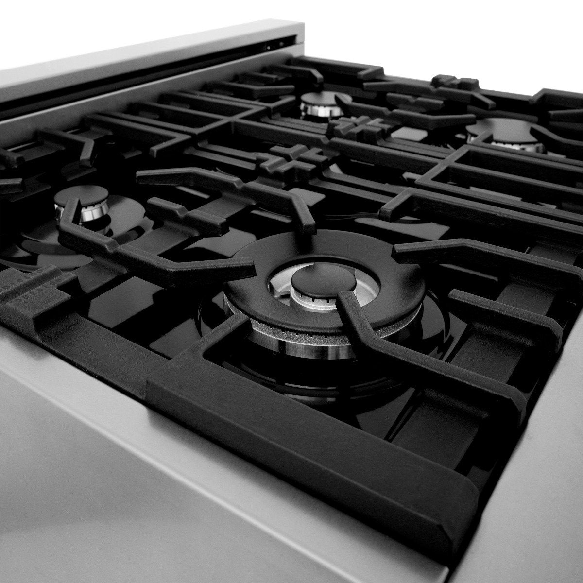 Stainless steel dual-fuel range cooktop with black grate and center burner
