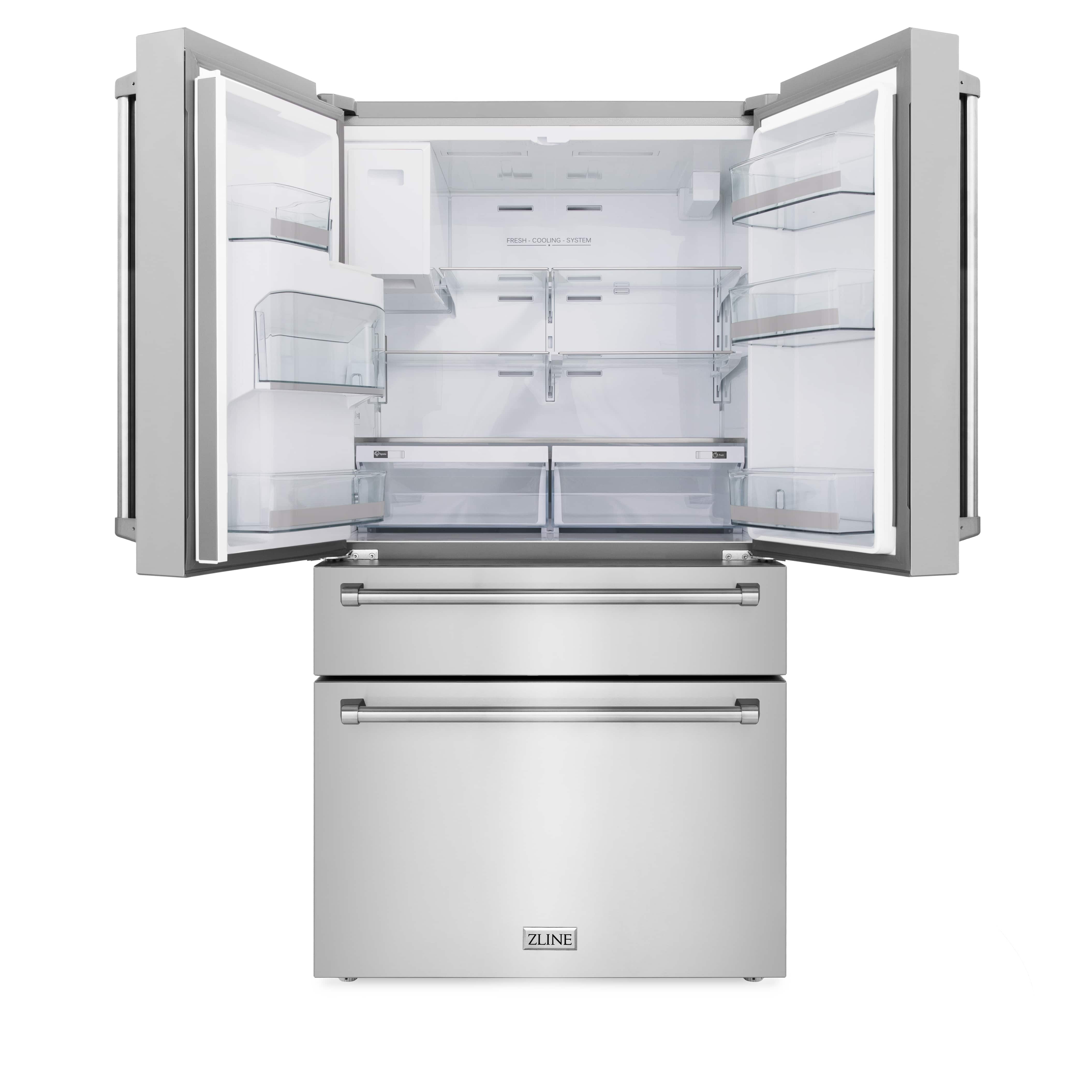 Stainless steel refrigerator interior with adjustable shelves and drawers
