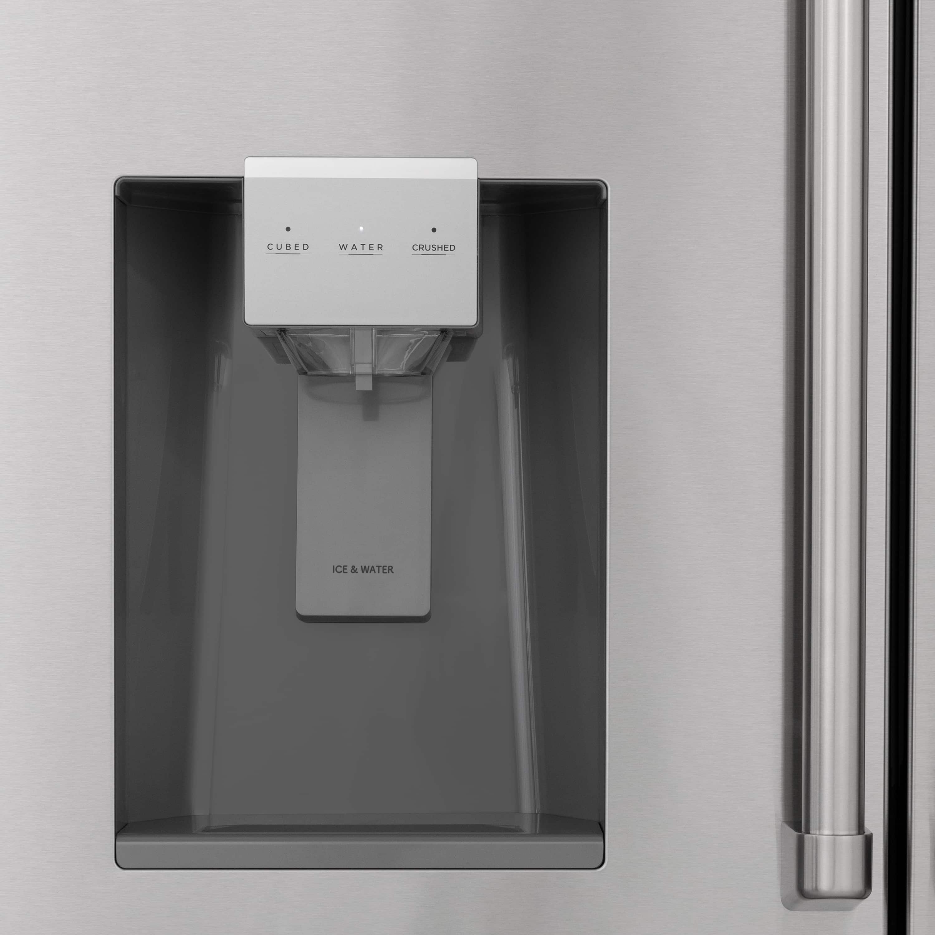 Refrigerator water dispenser panel over ice and water tray