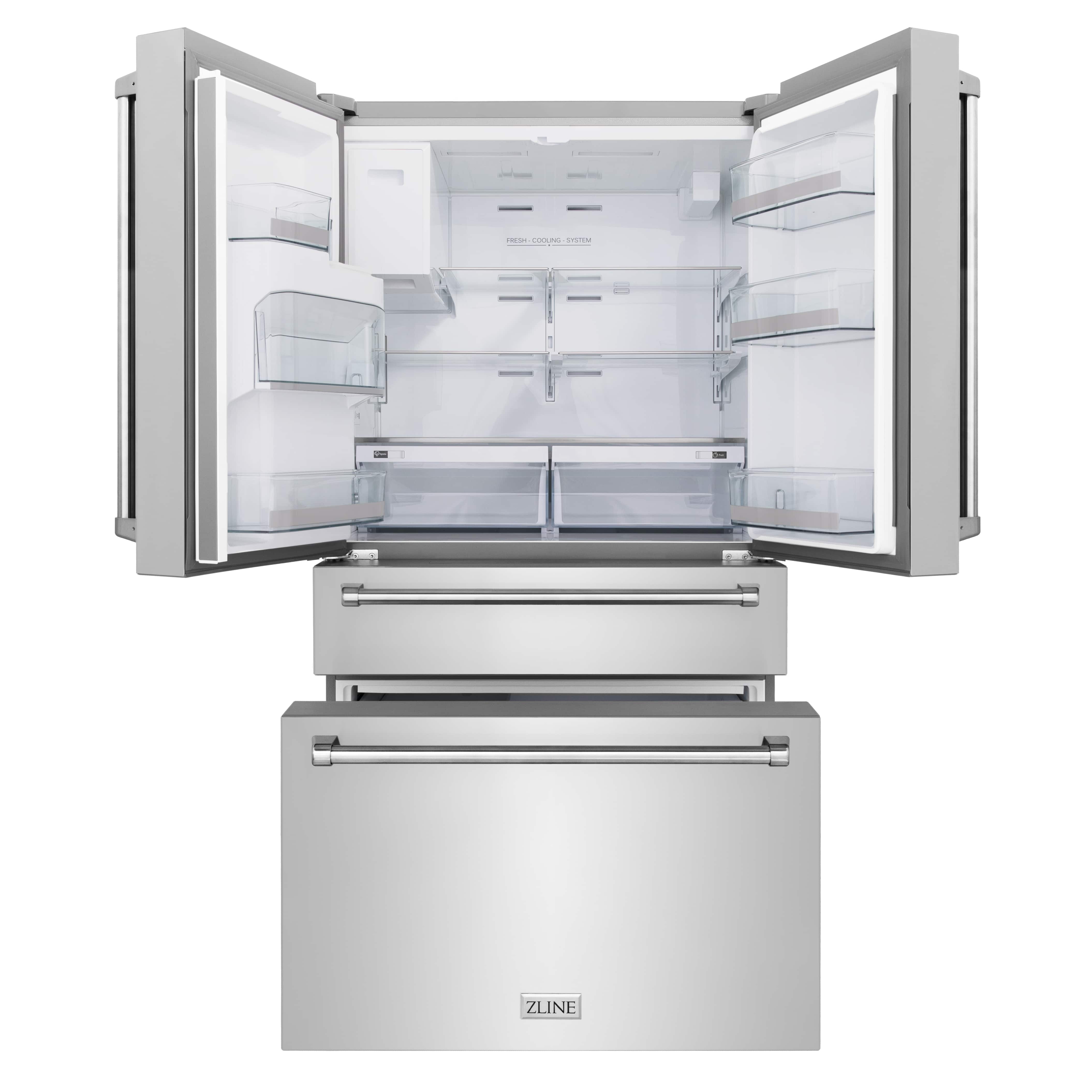 Stainless steel refrigerator open with glass shelves and bottom drawer
