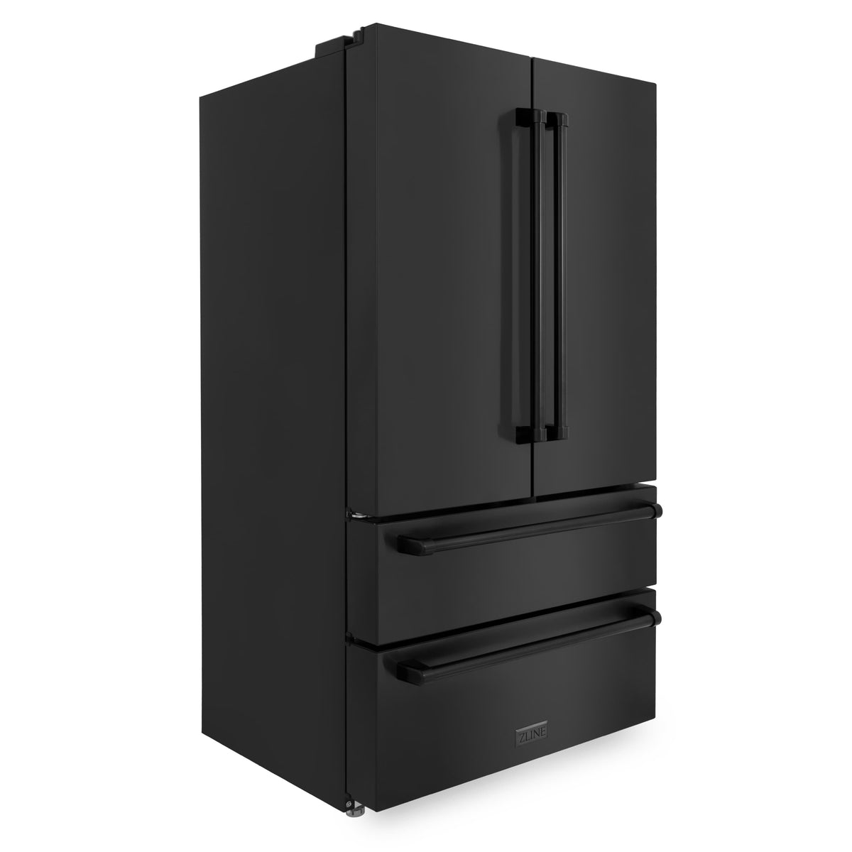 Black stainless refrigerator with long center handle and bottom freezer