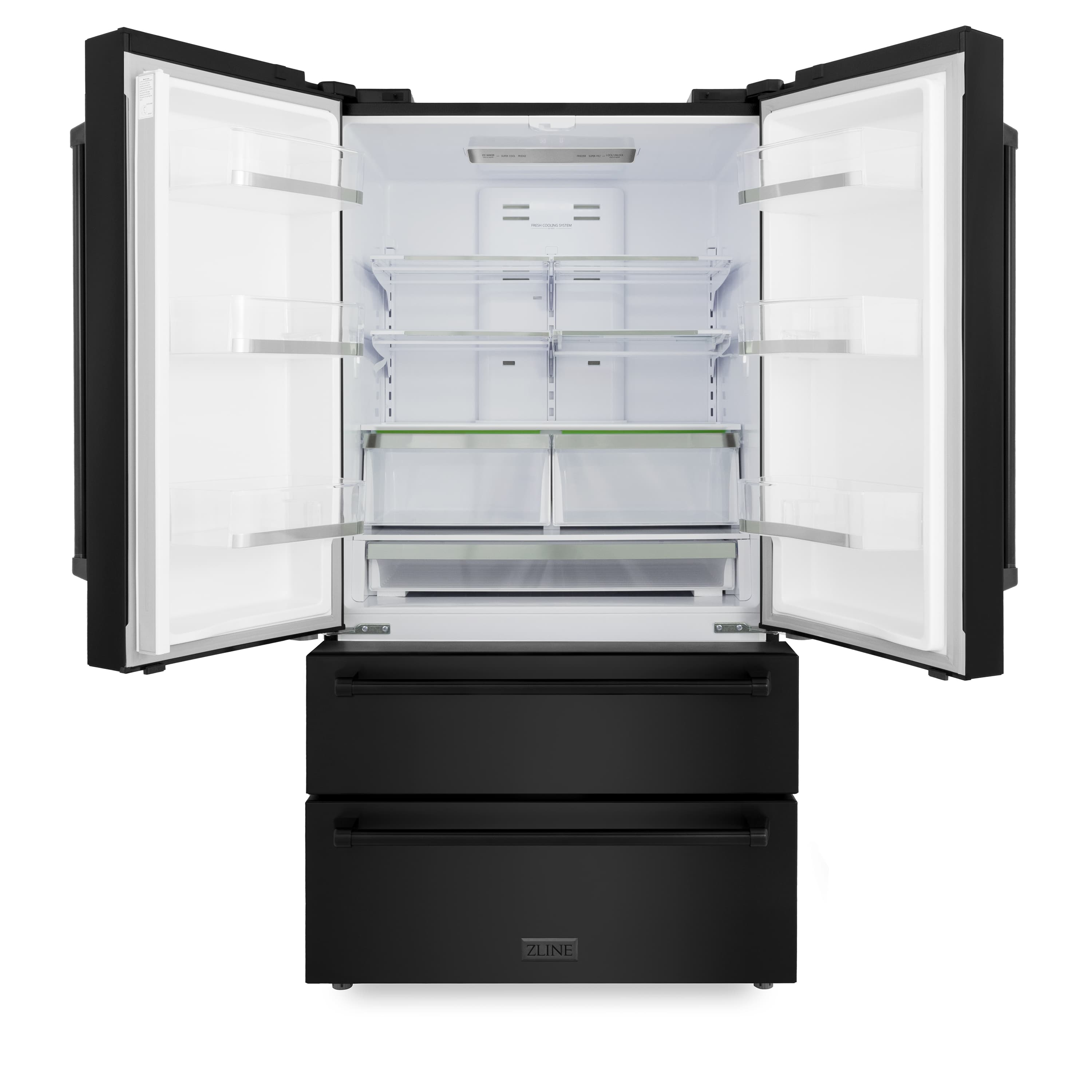 Black refrigerator with both doors open, visible white interior shelves and pull-out drawers