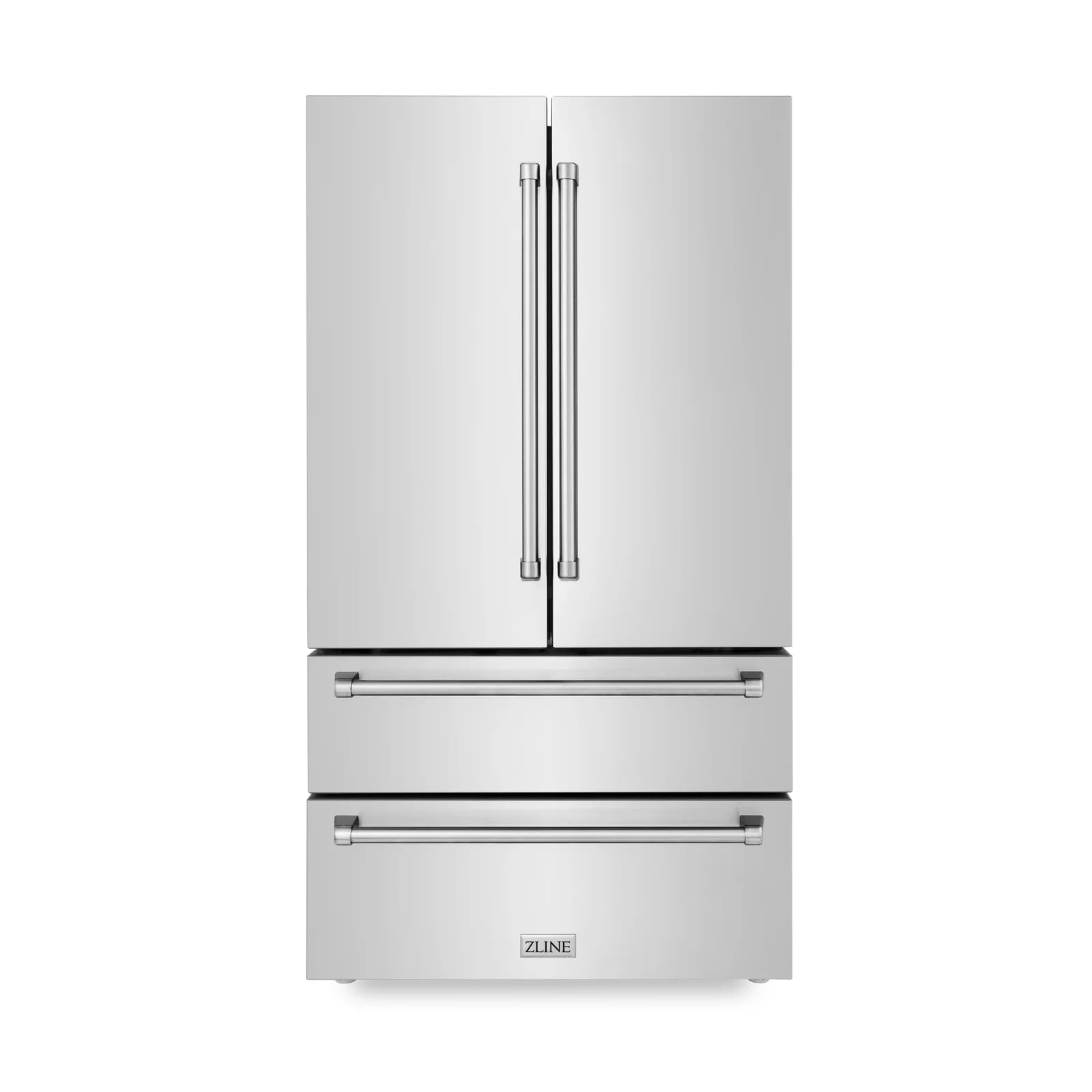 White refrigerator with vertical handles and two lower drawers