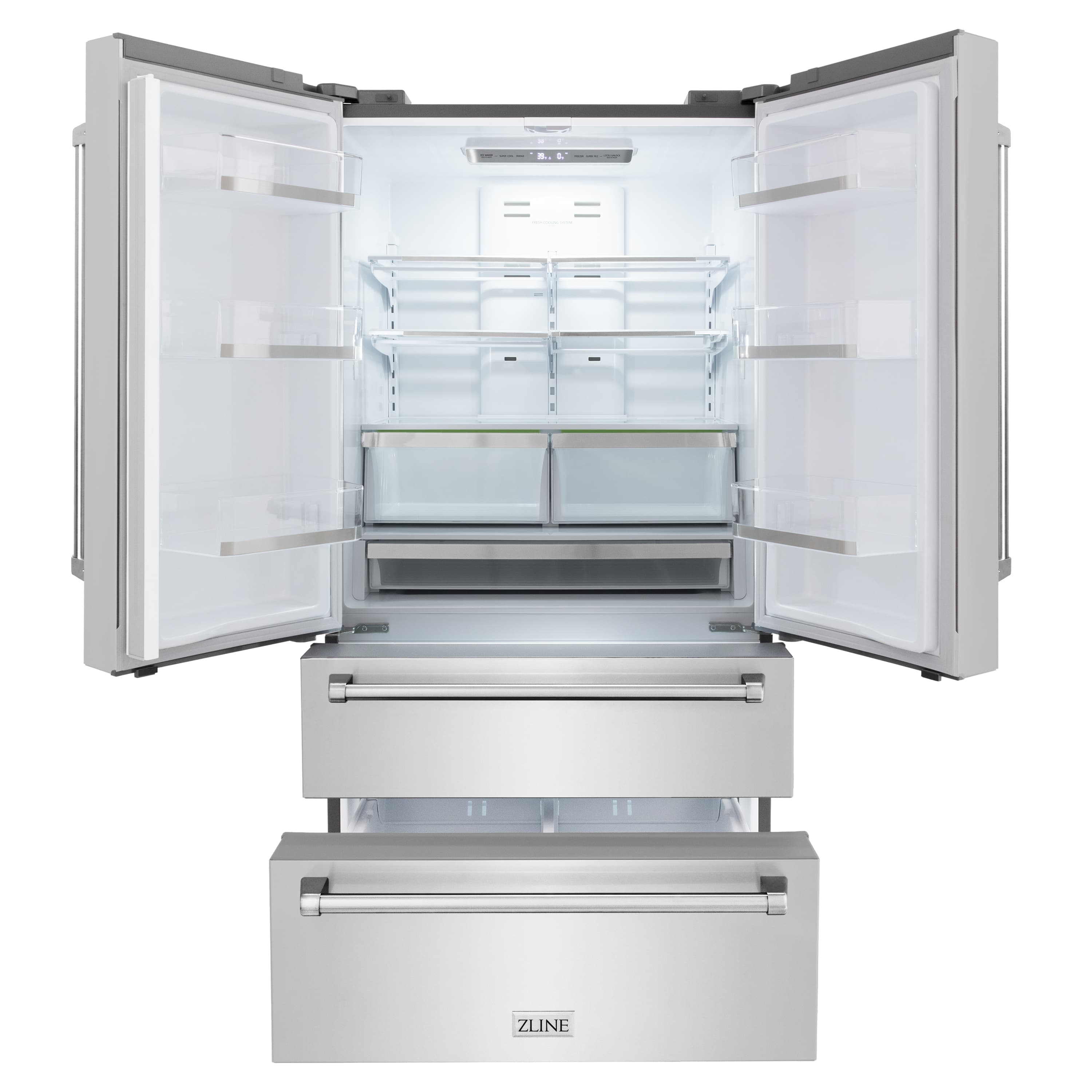 Stainless steel refrigerator with open doors, wire shelves, and bottom drawer freezer