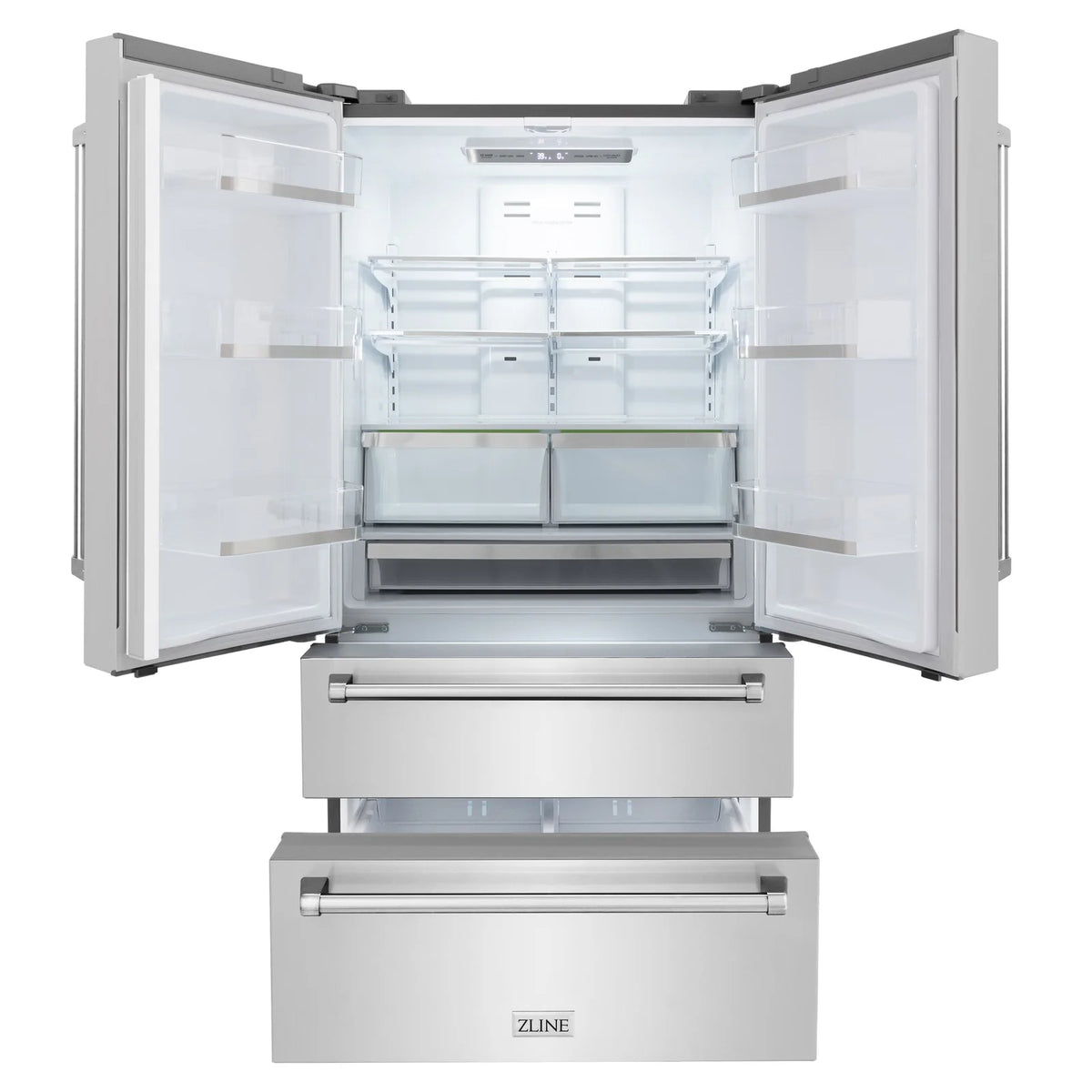 Stainless steel tall wine cooler with open doors showing interior shelves and drawers