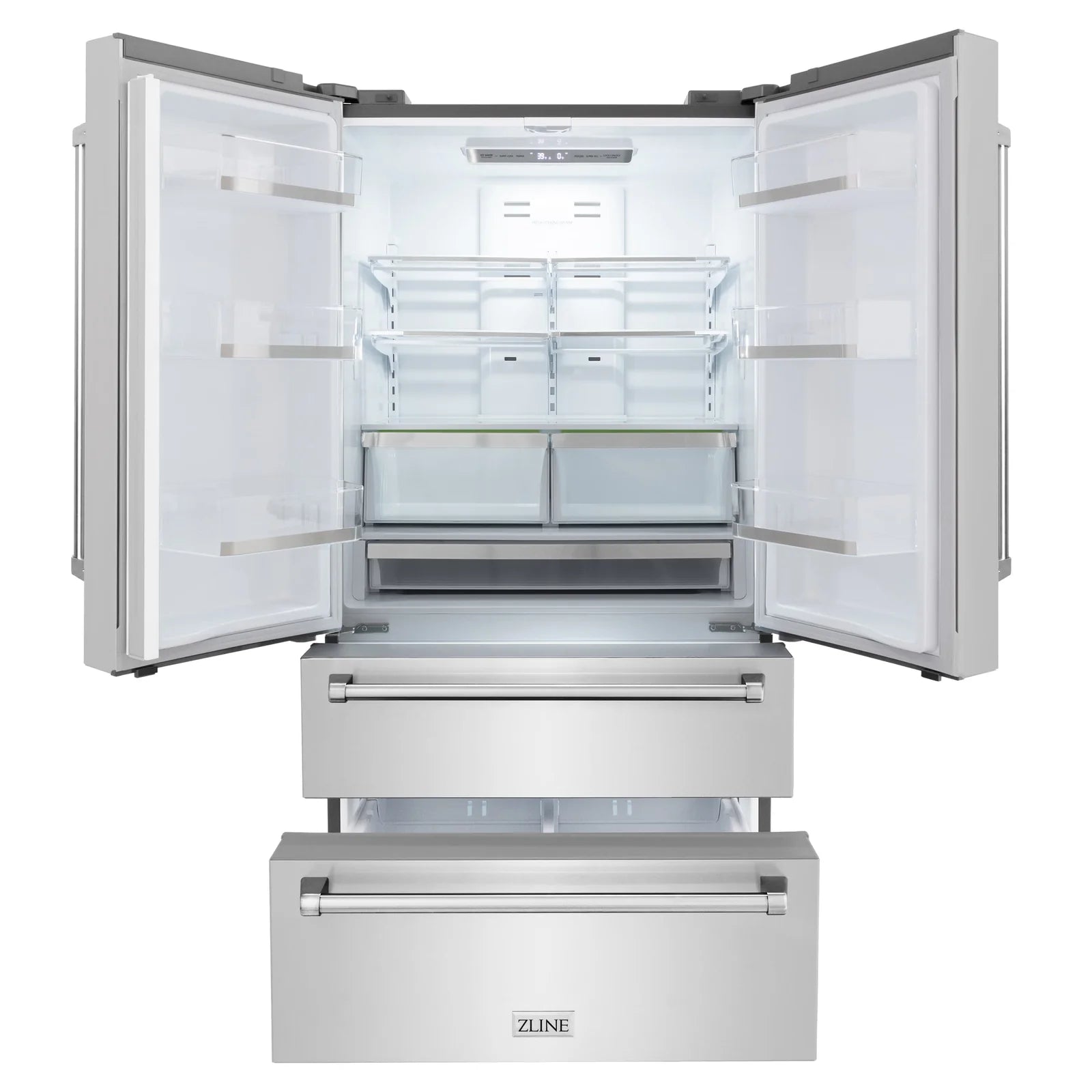 Stainless steel refrigerator with doors open, shelves and drawers visible
