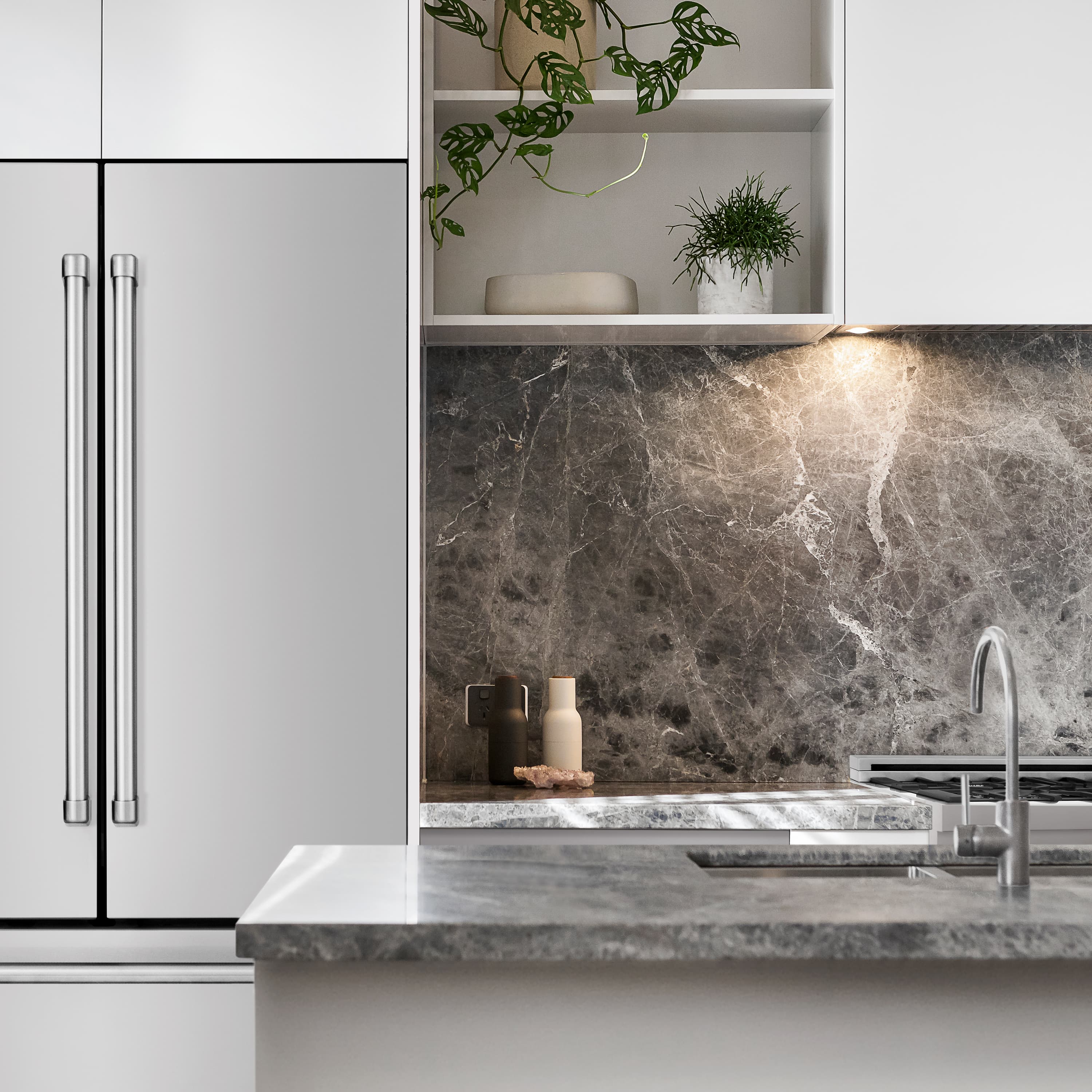 Stainless refrigerator door open with interior shelves and produce bin
