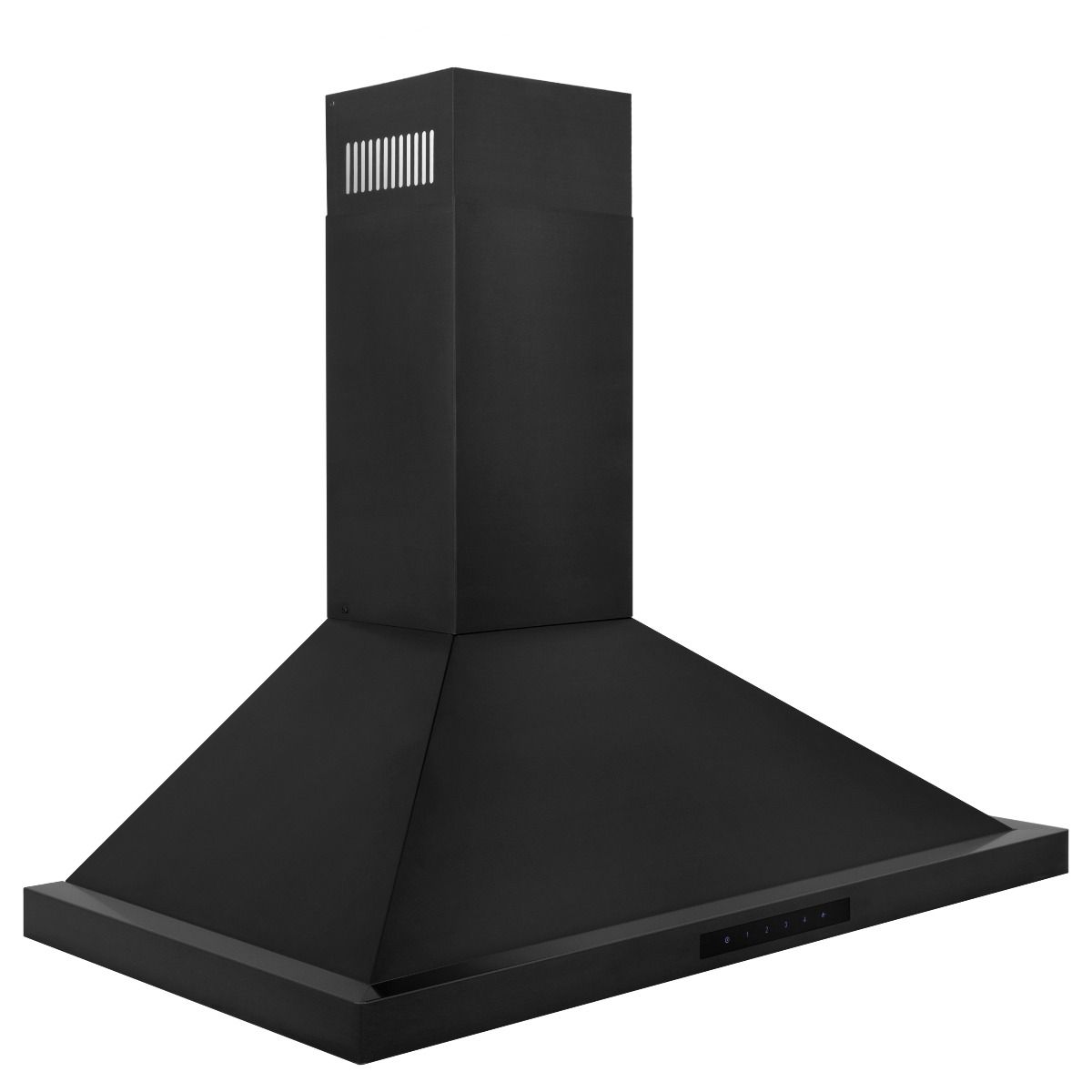 Black convertible chimney-style range hood with vented top grille