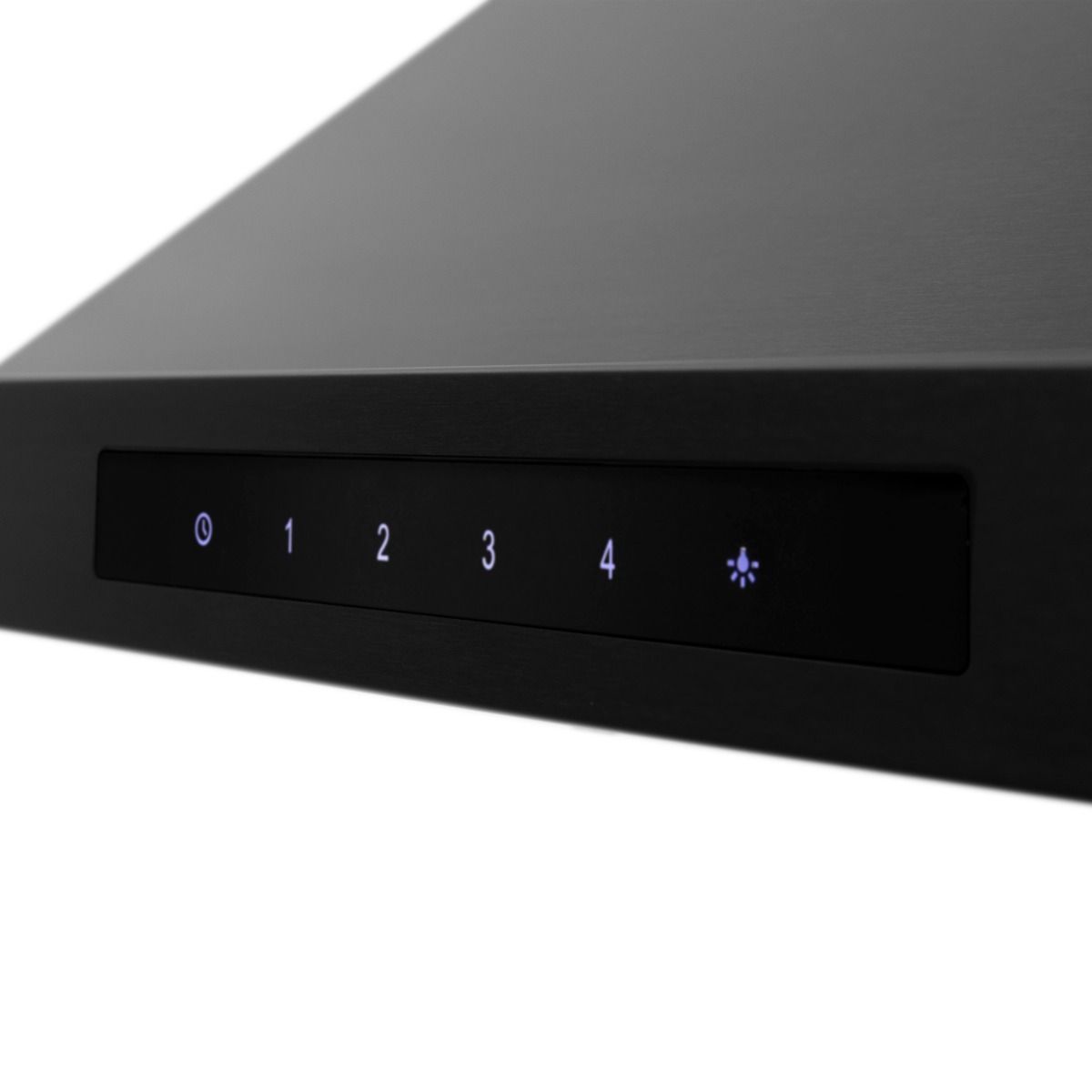 Black range hood control panel with LED numbers and fan mode icon