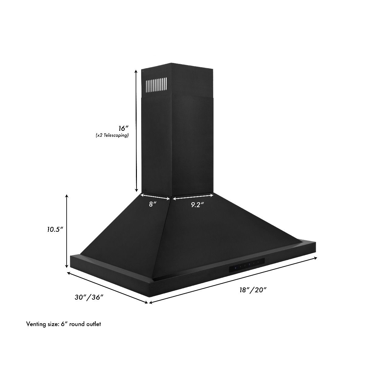 Black convertible range hood dimensions diagram with vent outlet size