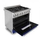 ZLINE 2-Piece Appliance Package - 36-inch Dual Fuel Range with Blue Gloss Door and Convertible Vent Range Hood in Stainless Steel (2KP-RABGRH36)