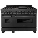 ZLINE 4-Piece Appliance Package - 48-Inch Dual Fuel Range, Refrigerator with Water Dispenser, Convertible Wall Mount Hood, and 3-Rack Dishwasher in Black Stainless Steel