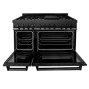 ZLINE 4-Piece Appliance Package - 48-Inch Dual Fuel Range, Refrigerator with Water Dispenser, Convertible Wall Mount Hood, and 3-Rack Dishwasher in Black Stainless Steel