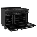 ZLINE 5-Piece Appliance Package - 48-Inch Legacy Dual Fuel Range, Wall Mount Range Hood, 36-Inch French Door Refrigerator with Water Dispenser, Dishwasher, and 30-Inch Microwave Drawer in Black Stainless Steel