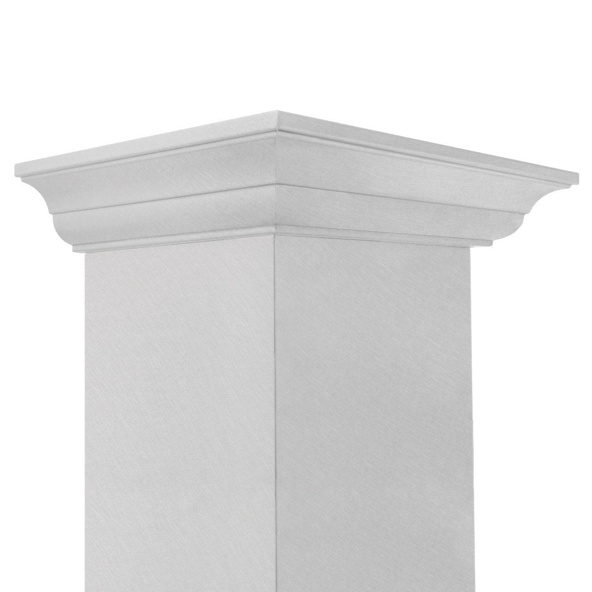 Satin stainless steel range hood chimney-style canopy with angled top