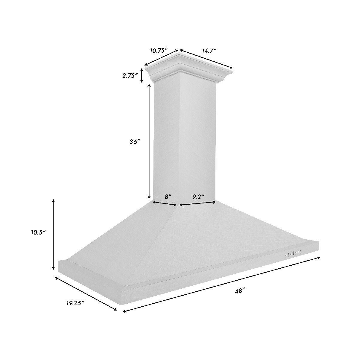Convertible range hood size diagram with height, width, and depth measurements