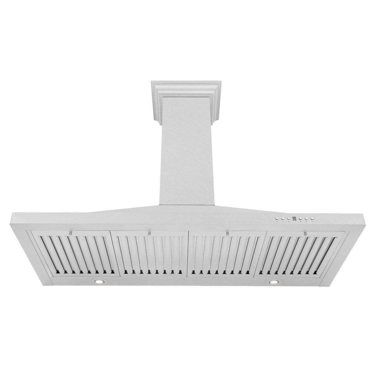 Stainless steel range hood with slotted vent panel across the front