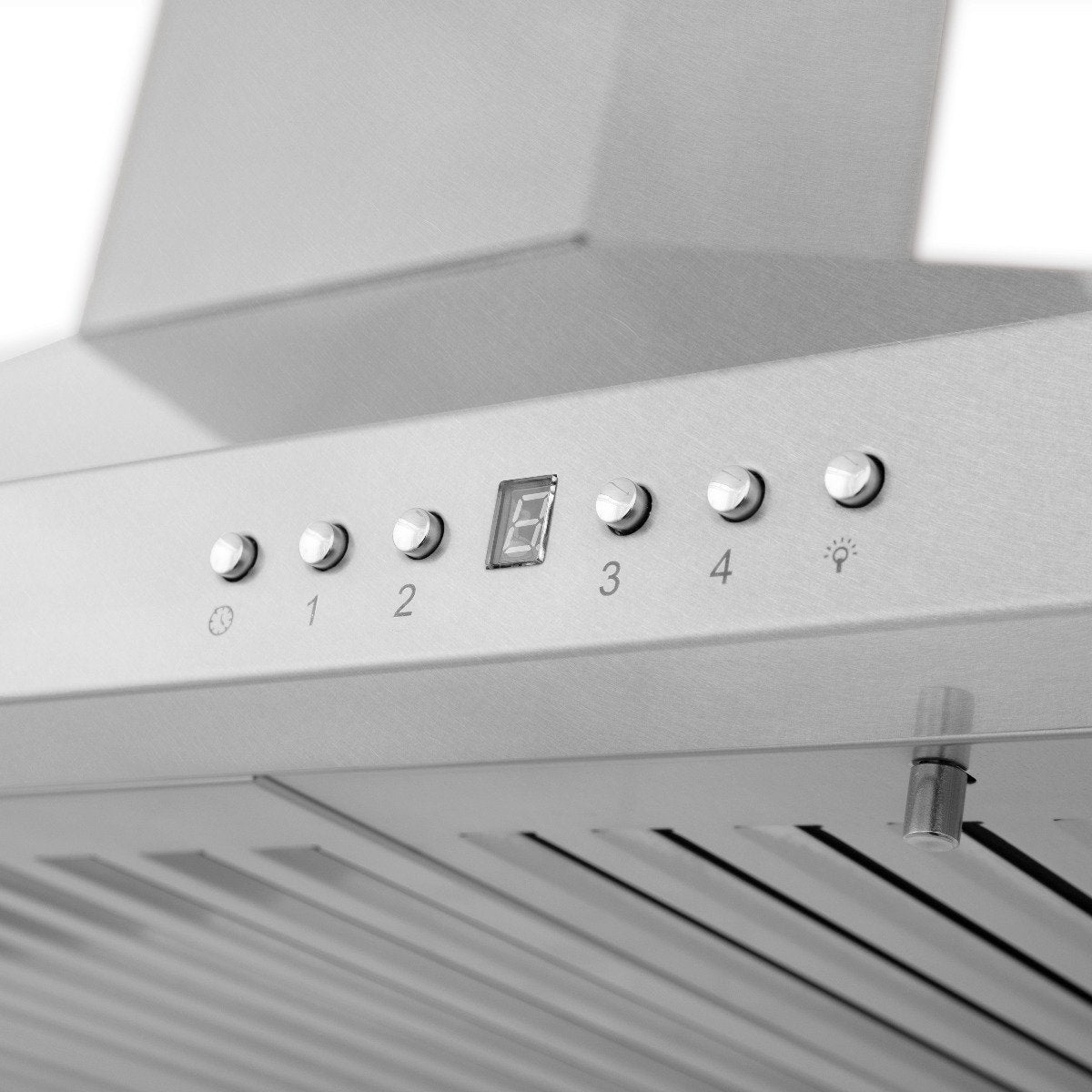 Satin stainless steel range hood control panel with numbered knobs and light switch