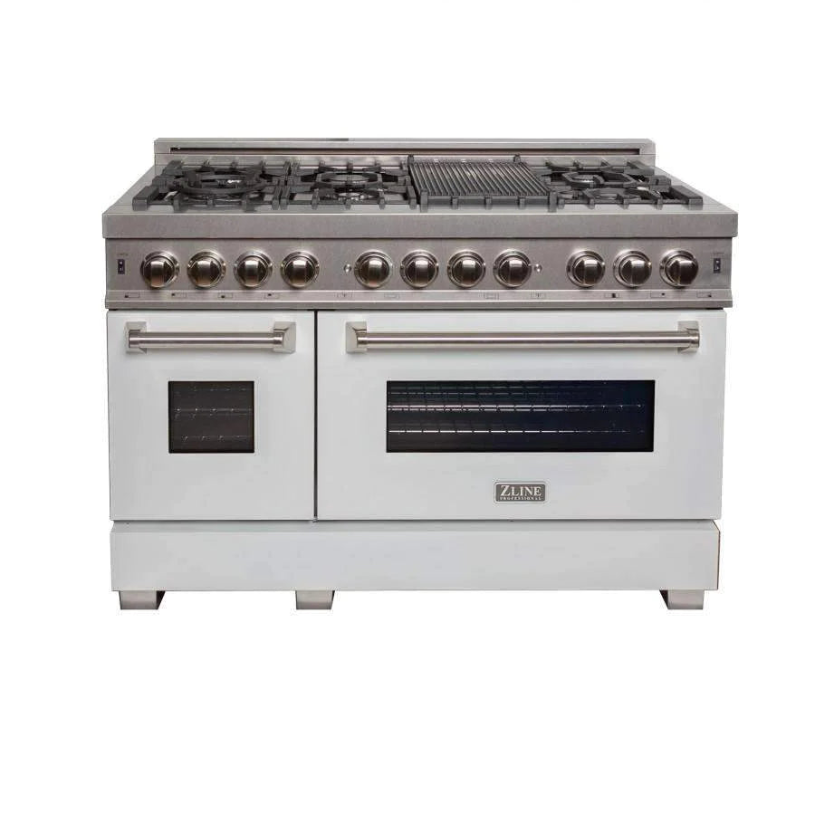 White dual fuel freestanding range with stainless control knobs and dual ovens