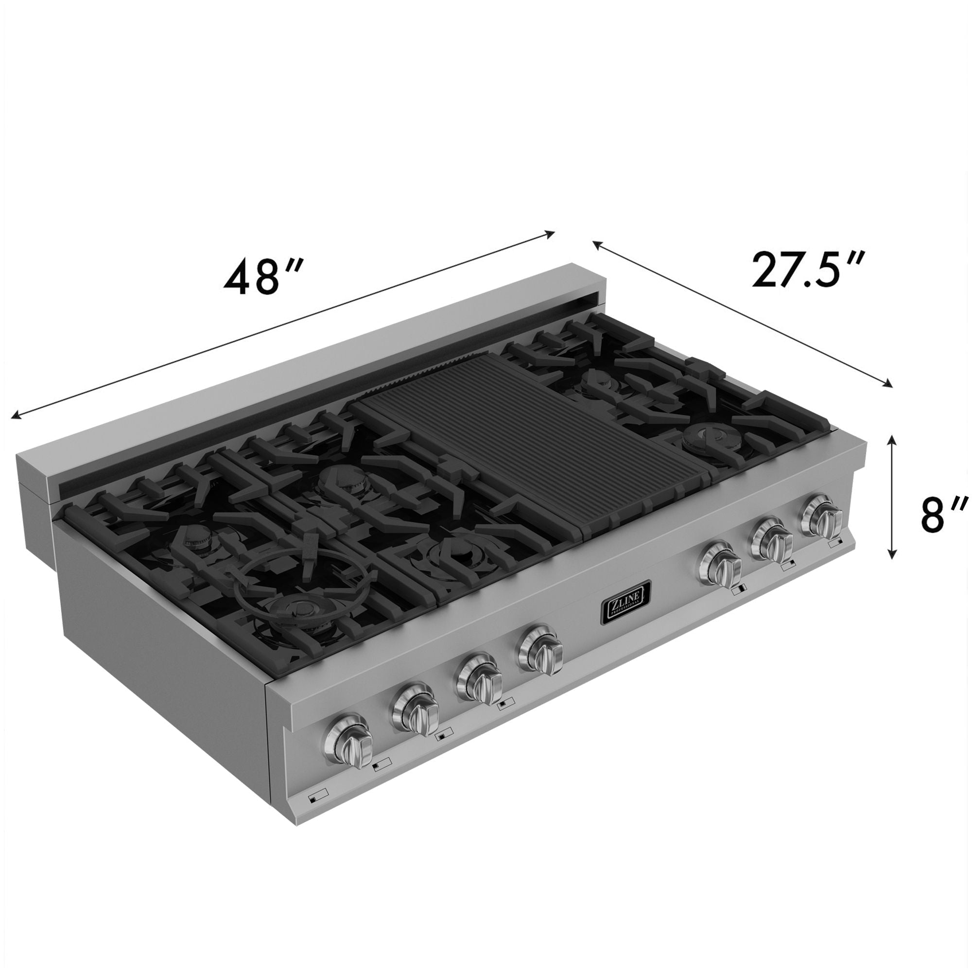 48-inch stainless steel gas rangetop with four burners and control knobs