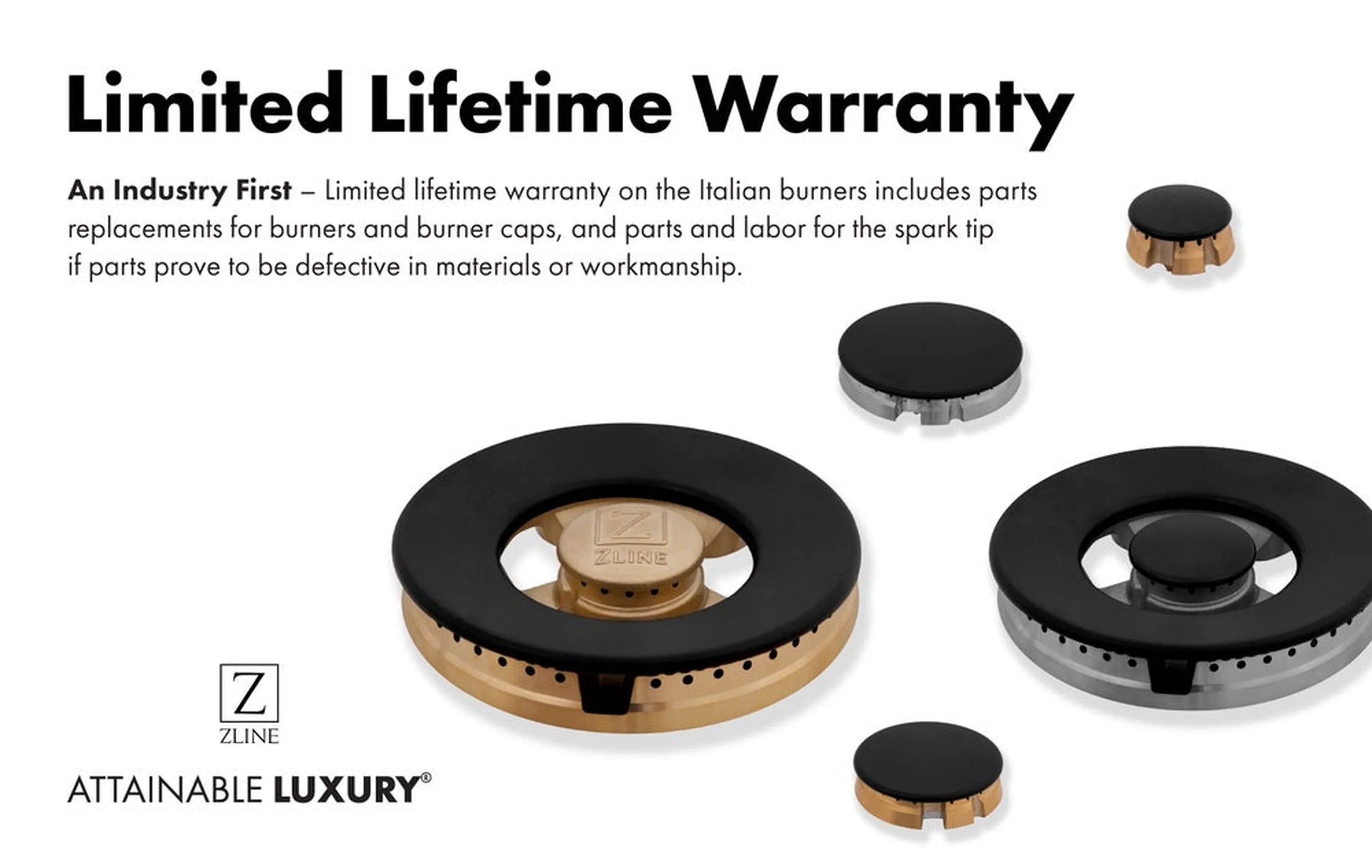 Gas burner caps set in black and brass with ZLINE marking