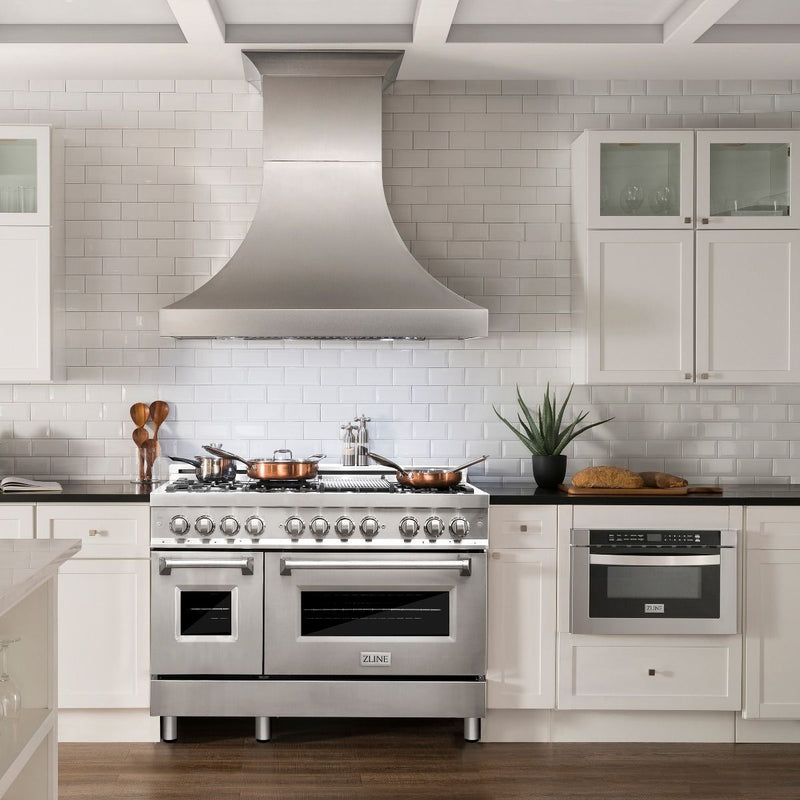 ZLINE 5-Piece Appliance Package - 48-Inch Dual Fuel Range, Hood, Refrigerator with Water Dispenser, Dishwasher, and Microwave Drawer in Stainless Steel