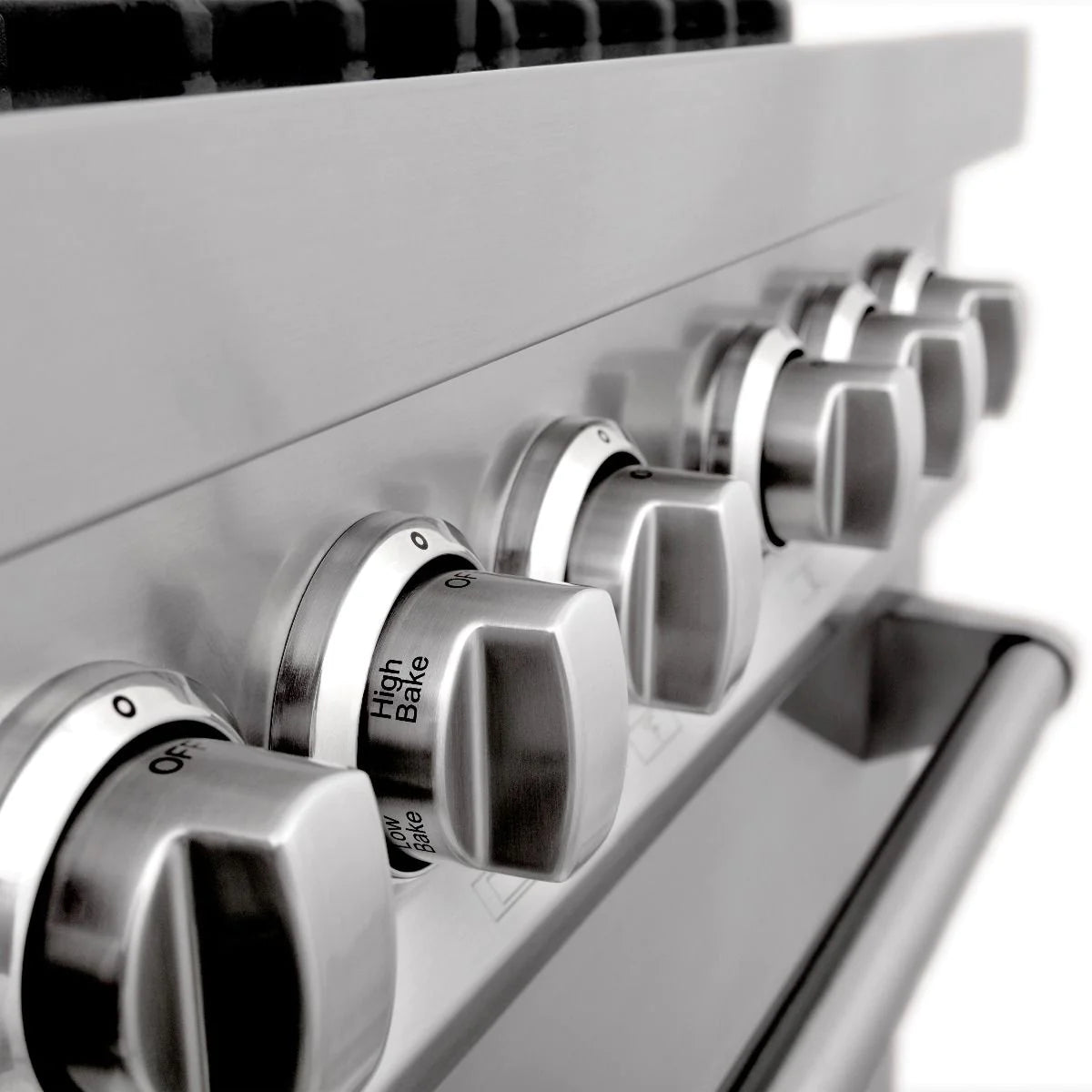 Stainless steel range control knobs with 'High Bake' marking