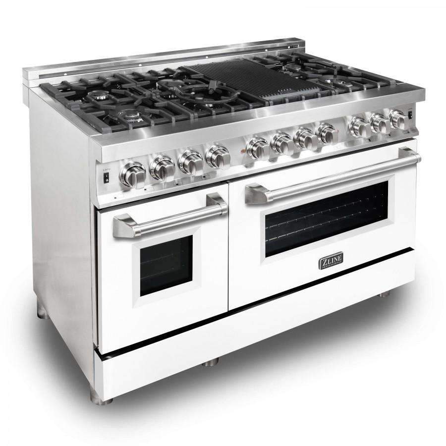 Stainless dual-fuel range with black grates and control knobs, open for stovetop access
