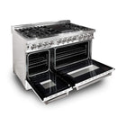ZLINE 2-Piece Appliance Package - 48-inch Dual Fuel Range with White Matte Door and Convertible Vent Range Hood in Stainless Steel (2KP-RAWMRH48)