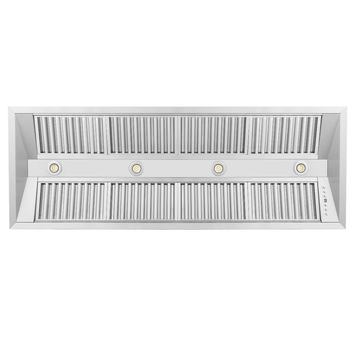 Stainless steel range hood insert with front vent slats and four round trim lights