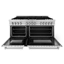 Stainless steel dual fuel range with open ovens and front grates