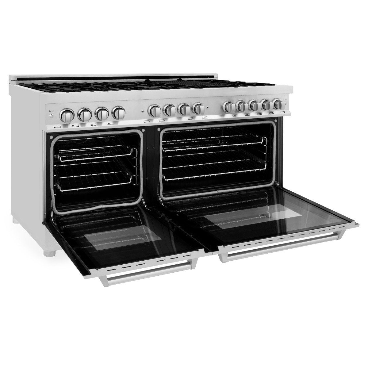 Stainless steel dual fuel range with oven doors open and pull-out racks
