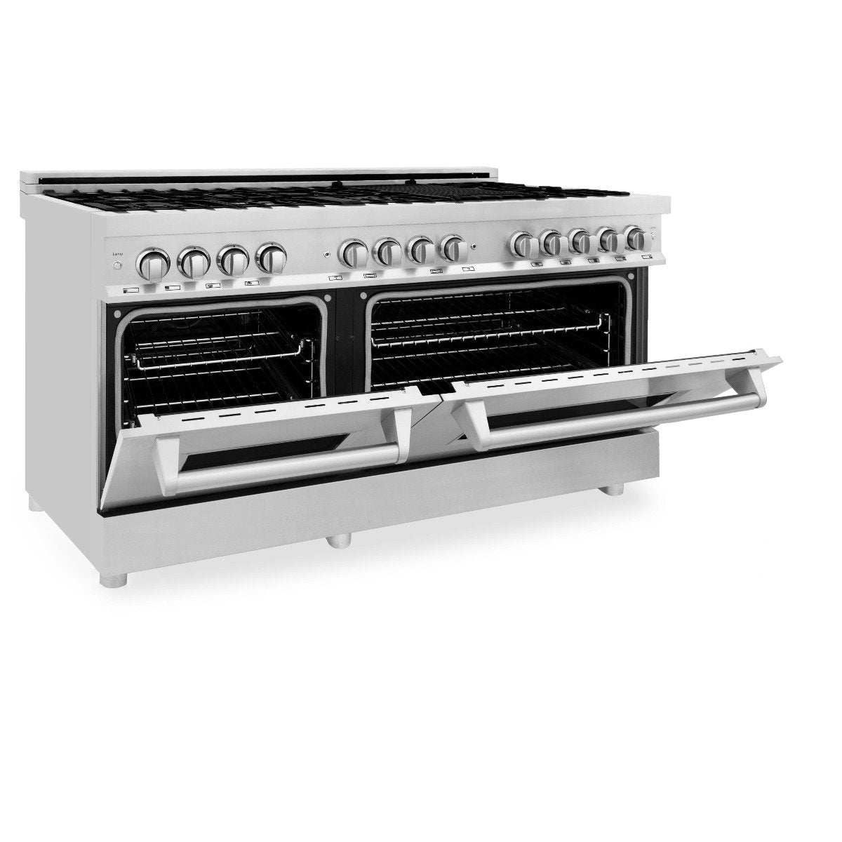 Stainless steel dual fuel range with both oven doors open and racks inside
